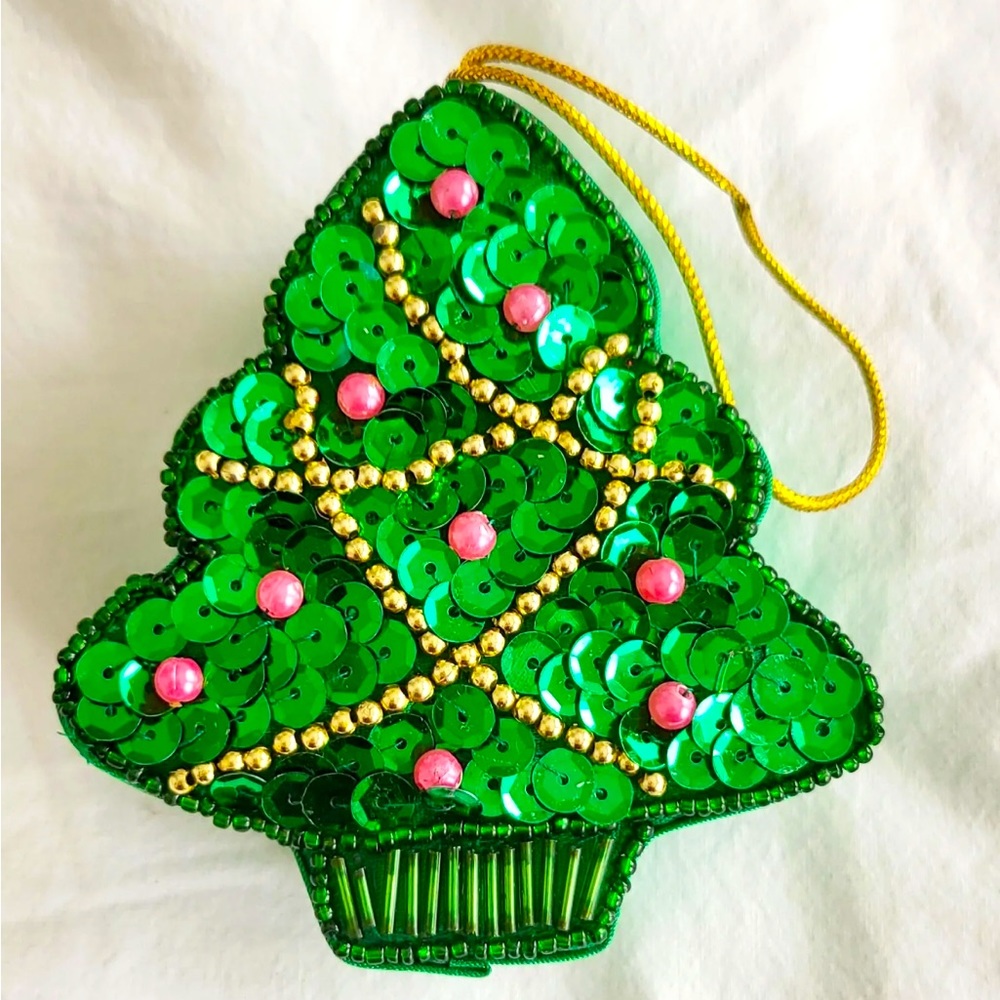 QVC Vintage Christmas Sequin Hanging Gift Box Decoration - Green Christmas Tree
